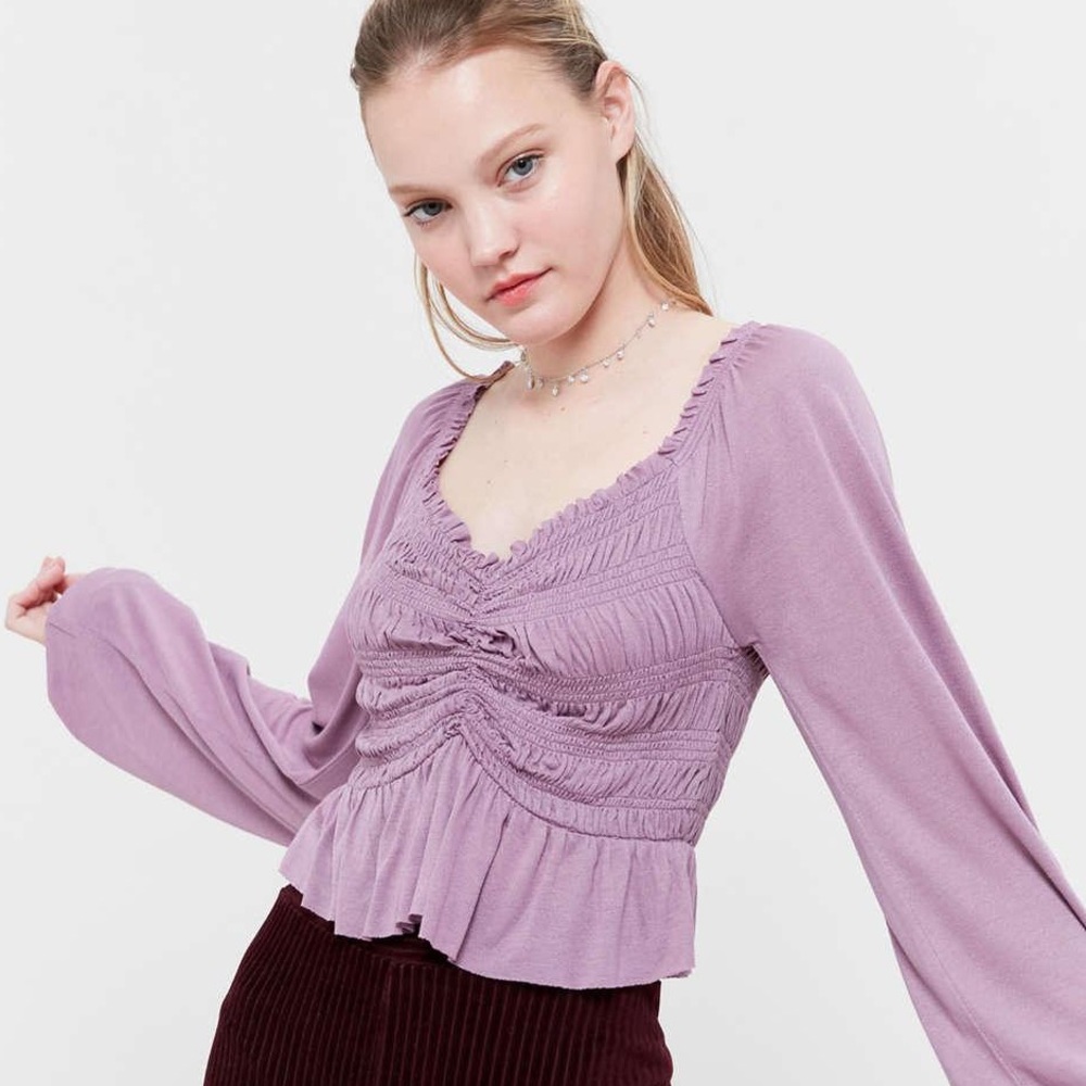 Women's Purple Urban Outfitters Shaina Rayon Ruched Long Sleeve Top